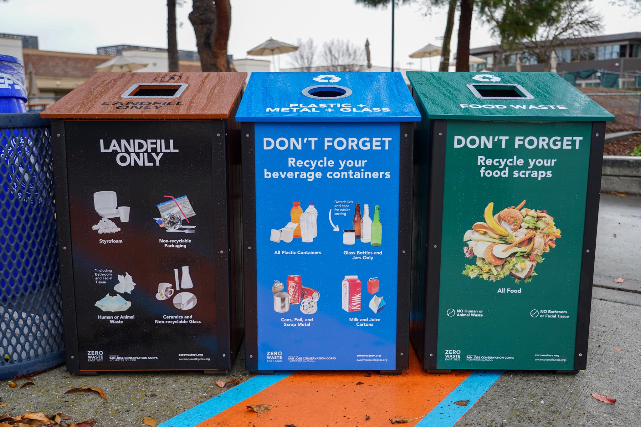 Three-bin recycling station – A set of three bins labeled “Landfill Only,” “Plastic + Metal + Glass,” and “Food Waste,” each with recycling instructions.
