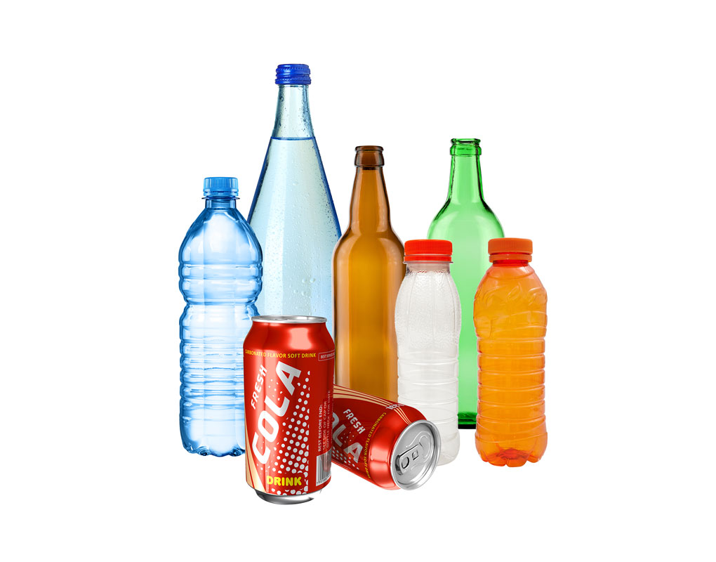 Beverage container recycling – A collection of recyclable beverage containers including glass bottles, plastic bottles, and aluminum cans used for drinks such as soda and water.
