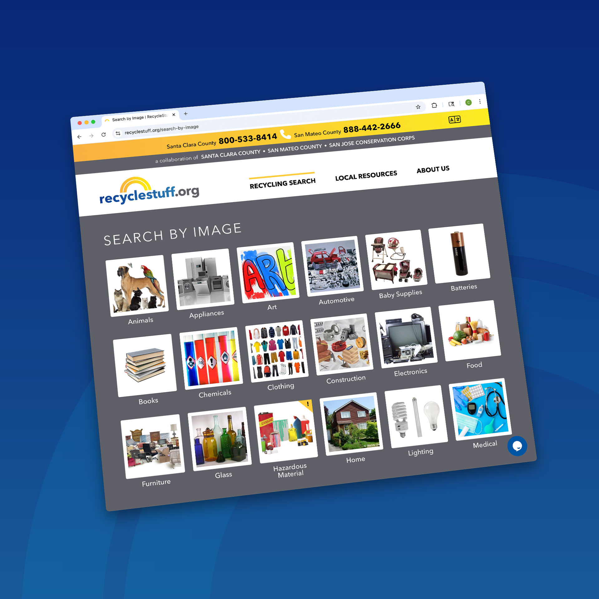 Angled screenshot of the recyclestuff.org website showing a ‘Search by Image’ page with category icons for common items like electronics, clothing, batteries, and food.